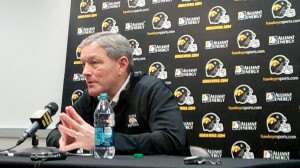 Iowa head coach Kirk Ferentz discusses recent coaching changes during a press conference held Friday, Feb. 22, 2013, at the Hayden Fry Football Complex in Iowa City.