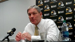 Iowa head coach Kirk Ferentz discusses the start of spring practices during his press conference held Wednesday, March 27, 2013, at the Hayden Fry Football Complex in Iowa City.