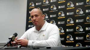 Iowa linebackers/special teams coach LeVar Woods discussed spring practices during his press conference held Wednesday, April 10, 2013, at the Hayden Fry Football Complex in Iowa City. Woods will enter his second season as a full-time assistant.