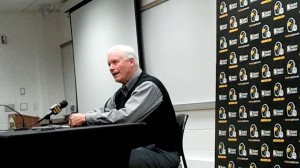 Iowa defensive line coach Reese Morgan discusses spring practices during his press conference held Wednesday, April 17, 2013, at the Hayden Fry Football Complex in Iowa City.