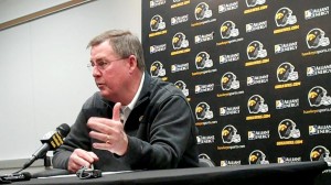 Iowa offensive coordinator Greg Davis discusses the end of spring practices during his press conference held Wednesday, April 24, 2013, at the Hayden Fry Football Complex in Iowa City.