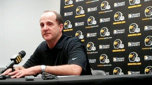 Iowa defensive coordinator Phil Parker discusses the end of spring practices during his press conference held Wednesday, April 24, 2013, at the Hayden Fry Football Complex in Iowa City.