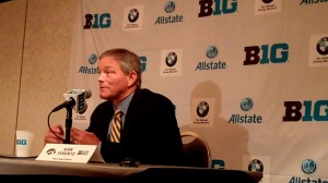 Iowa head coach Kirk Ferentz responds to a question asked during the 30-minute Q&A session done following his main press conference at the 2013 Big Ten Football Media Days on Wednesday, July 24, 2013 at the Hilton Chicago.