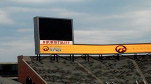 Panchero's showcasing some well-done marketing with the #BurritoLift hashtag on both ends of the new video board behind the North end zone at Kinnick Stadium.