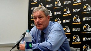 Iowa head coach Kirk Ferentz discusses the Hawkeyes' upcoming game against Northern Illinois during his weekly press conference held Tuesday, Aug. 27, 2013, at the Hayden Fry Football Complex in Iowa City. Ferentz is beginning his 15th season as Iowa's head coach.
