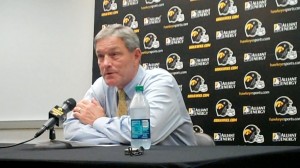 Iowa head coach Kirk Ferentz discusses the Hawkeyes' upcoming game against Michigan State during his weekly press conference held Tuesday, Oct. 1, 2013 at the Hayden Fry Football Complex in Iowa City.