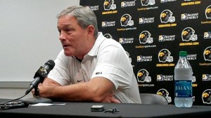 Iowa head coach Kirk Ferentz discusses the Hawkeyes' bye week during a press conference featuring both his coordinators held Tuesday, Oct. 8, 2013, at the Hayden Fry Football Complex in Iowa City.