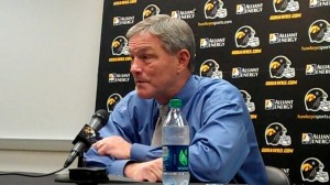 Iowa head coach Kirk Ferentz discusses the Hawkeyes' upcoming game against No. 22 Wisconsin during his weekly press conference held Tuesday, Oct. 29, 2013, at the Hayden Fry Football Complex in Iowa City.