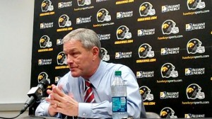 Iowa head coach Kirk Ferentz discusses the Hawkeyes' upcoming game against Michigan during his weekly press conference held Tuesday, Nov. 19, 2013, at the Hayden Fry Football Complex in Iowa City.