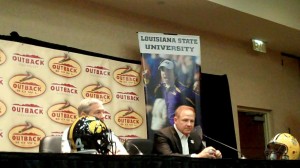 Iowa head coach Kirk Ferentz and LSU head coach Les Miles take part in a joint Outback Bowl press conference held Sunday, Dec. 29, 2013, at the Wyndham Tampa Westshore in Tampa, Fla.