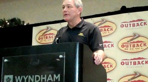 Iowa head coach Kirk Ferentz discusses the Hawkeyes' match-up with No. 14 LSU in the final Outback Bowl press conference held Tuesday, Dec. 31, 2013, at the Wyndham Tampa Westshore in Tampa, Fla.