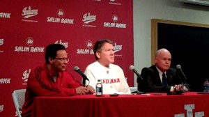 (from L to R) Indiana head coach Tom Crean, athletics director Fred Glass and IU Vice President of Capital Planning and Facilities Tom Morrison address the media in a press conference held Tuesday, Feb. 18, 2014, at Assembly Hall in Bloomington. No. 15 Iowa's game against the Hoosiers on Tuesday was postponed after a piece of metal fell from the Assembly Hall ceiling and damaged some of the seats. No make up date for the game has been announced yet.