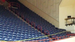 Section FF of Assembly Hall was roped off after a 50-pound piece of metal fell from the ceiling and damaged seats in the area. The damage was enough for No. 15 Iowa's game against Indiana to be postponed on Tuesday, Feb. 18, 2014.