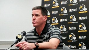Iowa running backs/special teams coach Chris White discusses the Hawkeyes' running back situation during a press conference held Wednesday, April 9, 2014, at the Hayden Fry Football Complex in Iowa City.
