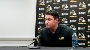 Iowa offensive line coach Brian Ferentz discusses the Hawkeyes' offensive line situation during a press conference held Wednesday, April 16, 2014, at the Hayden Fry Football Complex in Iowa City.