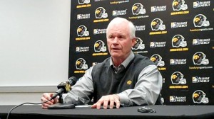 Iowa defensive line coach Reese Morgan discusses the Hawkeyes' front four during a press conference held Wednesday, April 16, 2014, at the Hayden Fry Football Complex in Iowa City.
